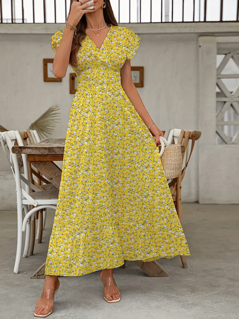 Women's Floral Print V-Neck Puff Sleeve Dress with Elastic Waist & Flared Hem - Lightweight Breathable Long Dress for Spring Summer, Casual to Formal Occasions, Machine Washable, Cute Summer Dresses, ... Women's Floral Print V-Neck Puff Sleeve Dress with Elastic Waist & Flared Hem - Lightweight Breathable Long Dress for Spring Summer, Casual to Formal Occasions, Machine Washable, Cute Summer Dresses, ...