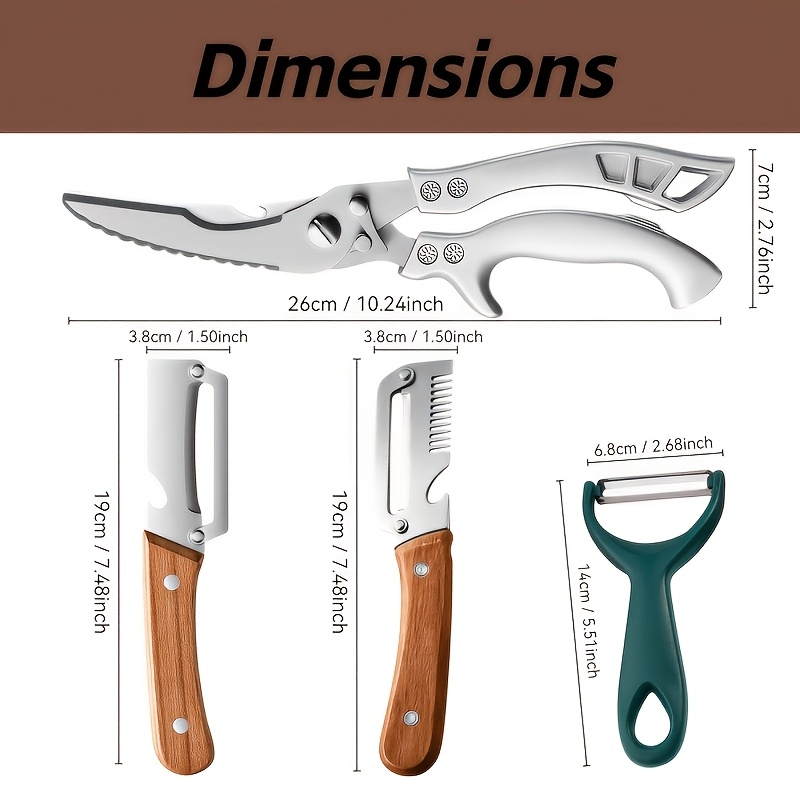 TEMU Multifunctional Kitchen Knife Tools Set, Scissors, Dual Wooden Peelers & Y Peeler, Ergonomic Grip Kitchen Gadgets For Bbq And Prep