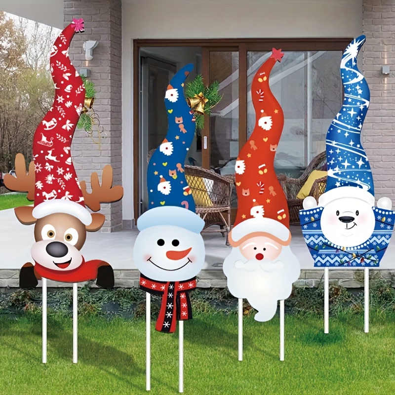 

4-piece Art Deco Christmas Garden Stakes: Santa Claus & Reindeer Yard Signs - Outdoor Decor For Festive Lawn Displays