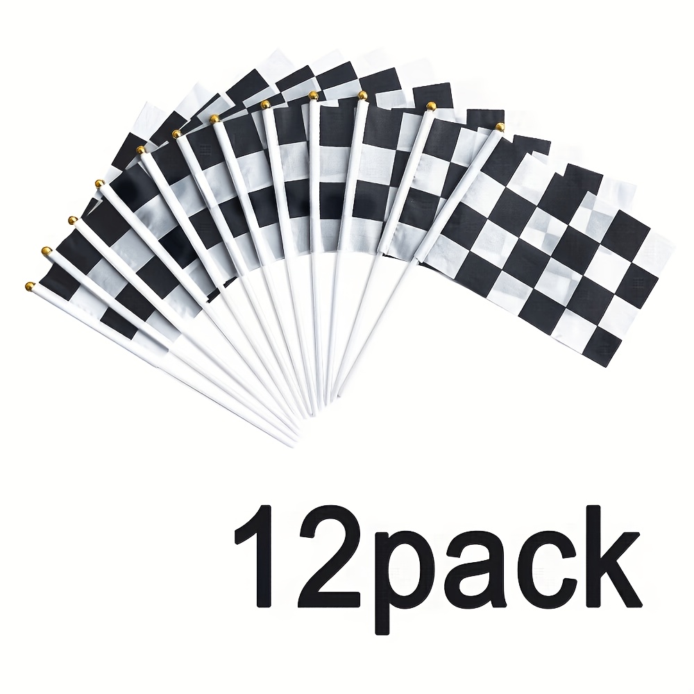 TEMU 12pcs Black And White Checkered Racing Flags, Racing Waving Banners, Handheld Mini Flags With Pole - Fade Resistant And Vibrant Colors