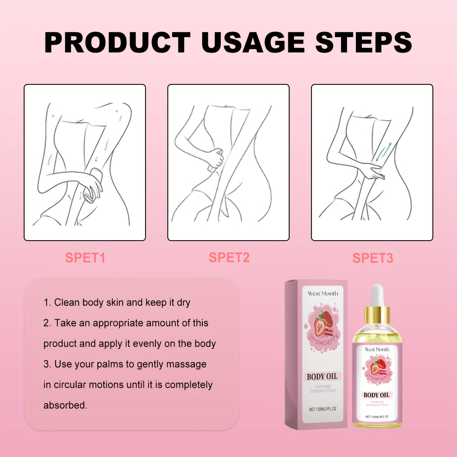 Ulje za hidrataciju tijela s mirisom jagode, hranjivo i omekšavajuće svjetlo bež boja, masaža cijelog tijela