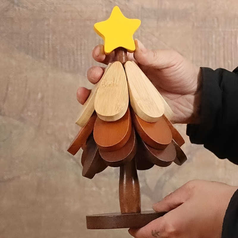 5pcs natural   wood christmas tree heat resistant coaster pot holder set with star topper sturdy base heat resistant kitchen mats for hot dishes holiday table decor durable surface protectors ideal gift   Product details 0