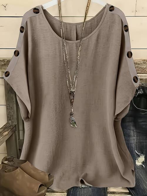 plus size damen elegantes kurzarmhemd mit knopfverzierungen in uni-farben