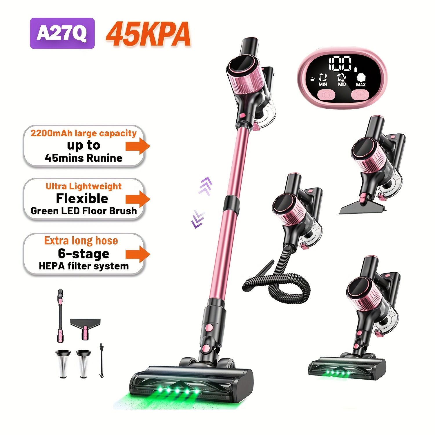 Image of Pet Lightweight Handheld Vacuum Cleaner, 10-in-1 Cordless Vacuum Cleaner, 3 , Long , With Upgraded Extra Long Hose, Anti- Brush, Green Led Lights, For , Hardwood Floors, Carpet And Pet Hair Cleaning