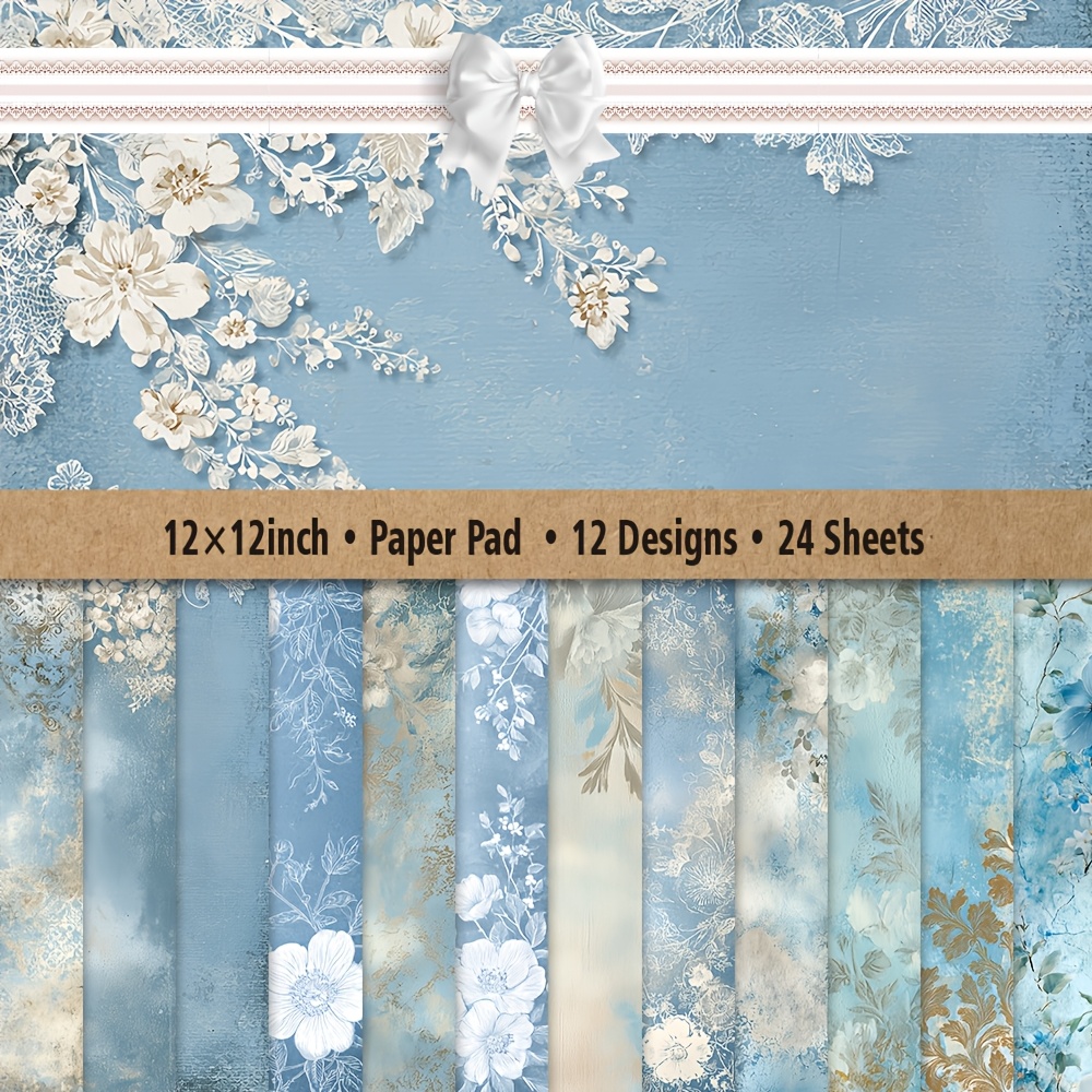 TEMU 12x12 Inch Scrapbook Paper Pad Blue Floral Theme With Vintage Patterns Watercolor Textures White Flowers Golden Accents For Crafting Card Making