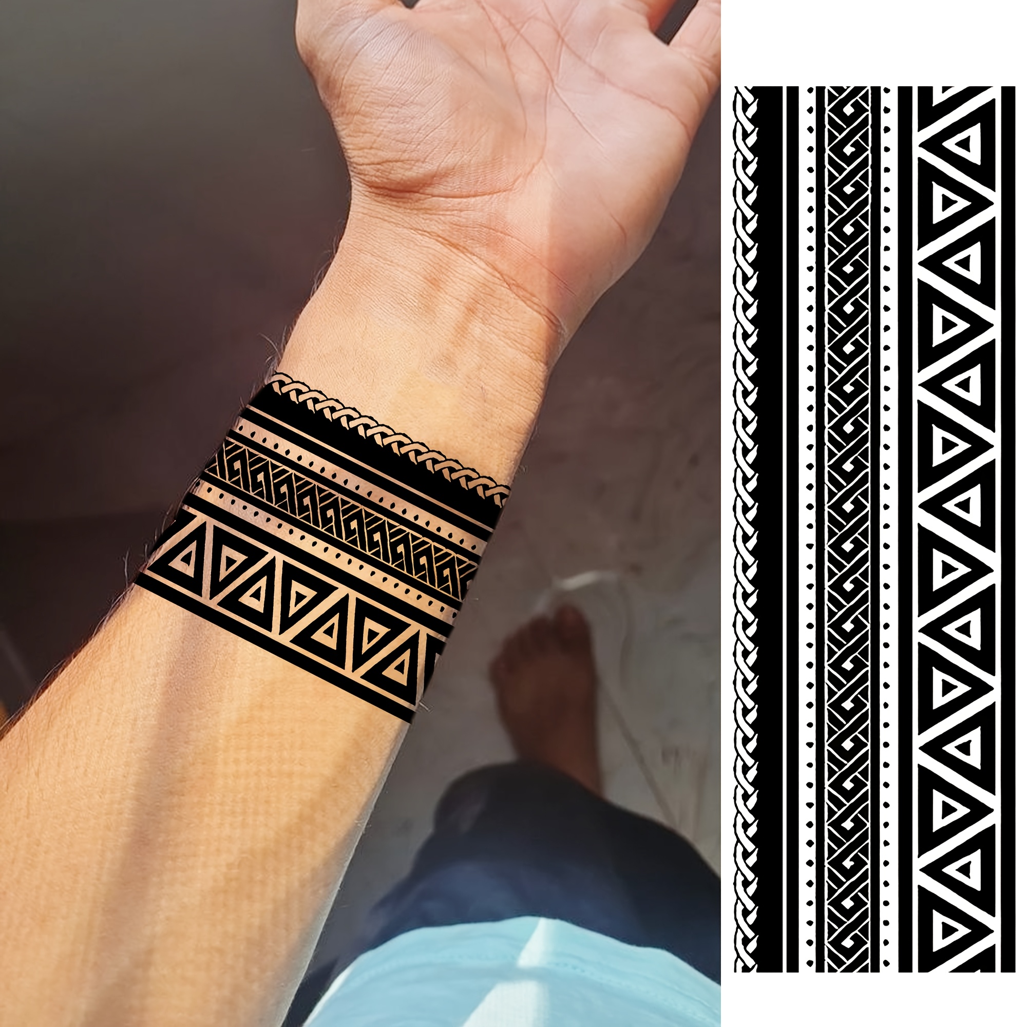 A Temporary Tattoo Sticker Featuring A Tribal Maori , Suitable For Men And Women, To Fingers, Ankles, Waist, Legs, Thighs, Forearms, And Calves. Waterproof, Long-lasting, And Realistic