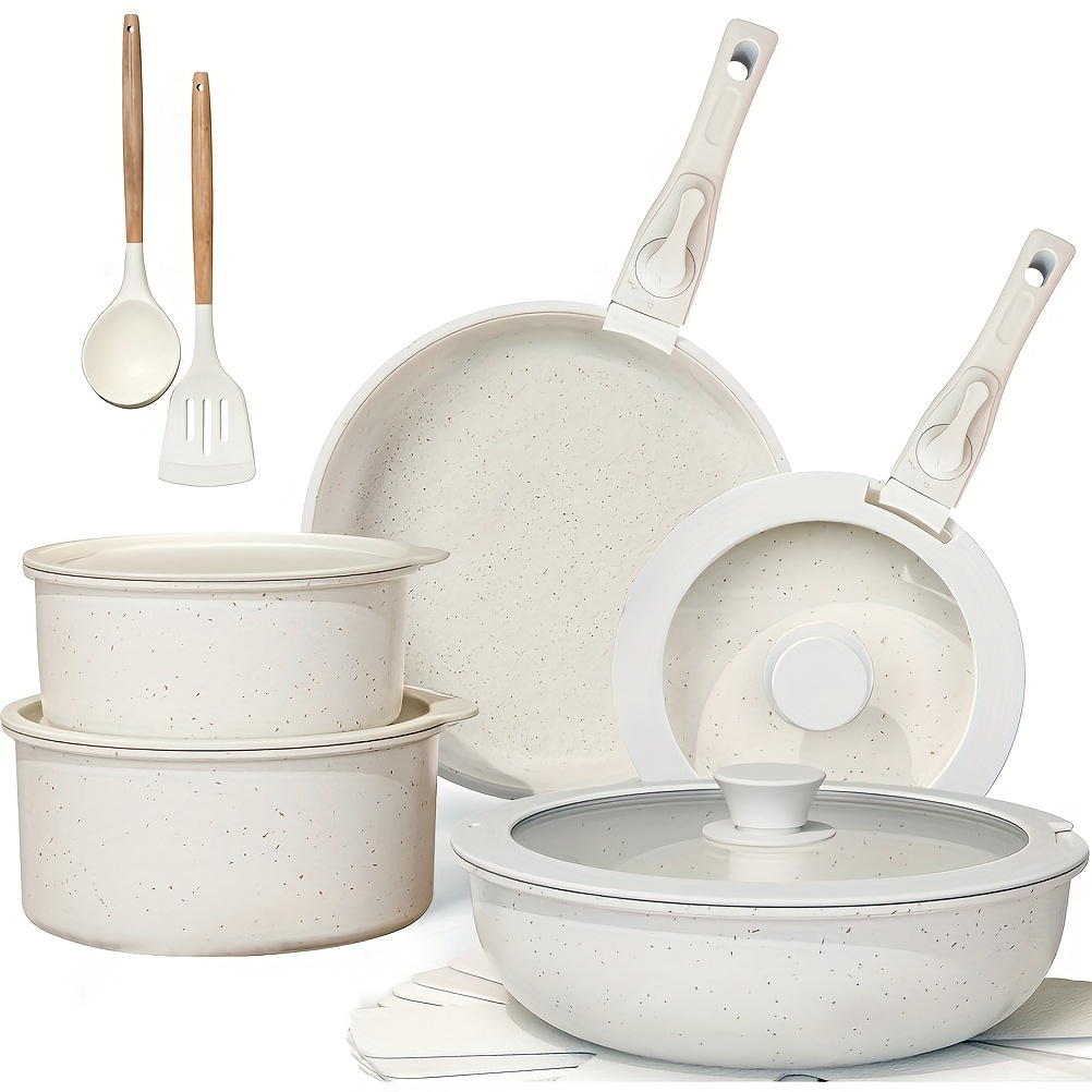 TEMU Batería de cocina de 17 piezas con revestimiento cerámico antiadherente, con extraíbles, sartén de 20/, sartén honda de , olla de 18/20 cm, apilable para todo tipo , para horno.
