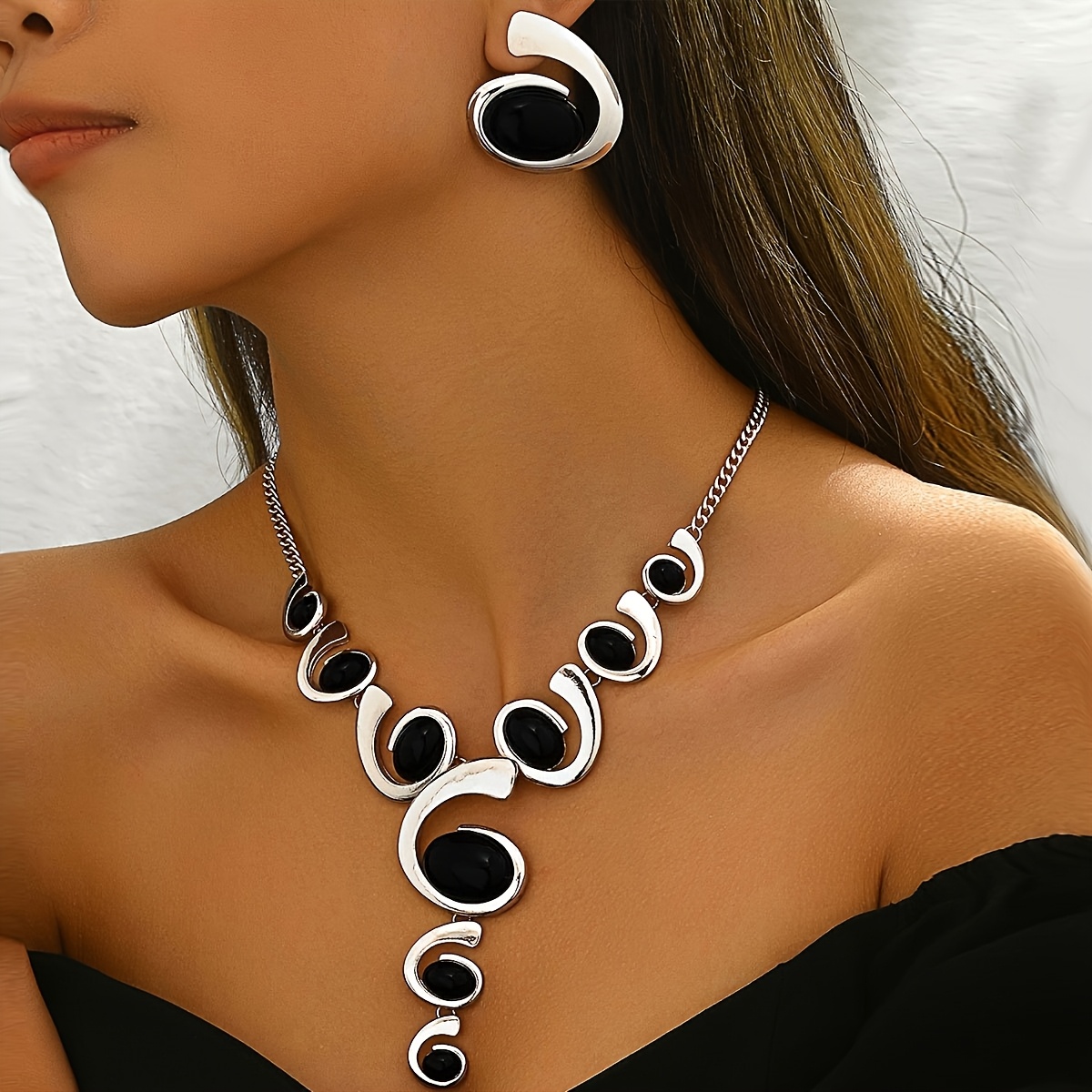 Spiral Rhinestone Y Necklace & Earrings Set