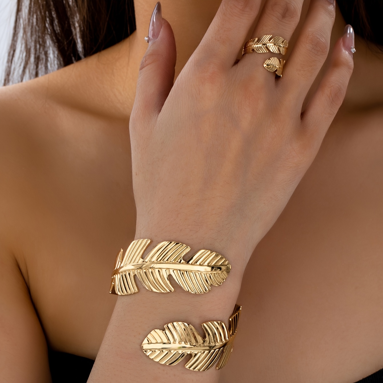 2pcs jewelry set leaf bracelet ring set vintage open elegant  display picture 1