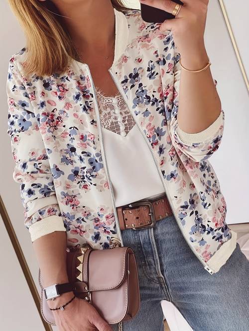 womens fashion stand collar printed zipper long sleeve jacket