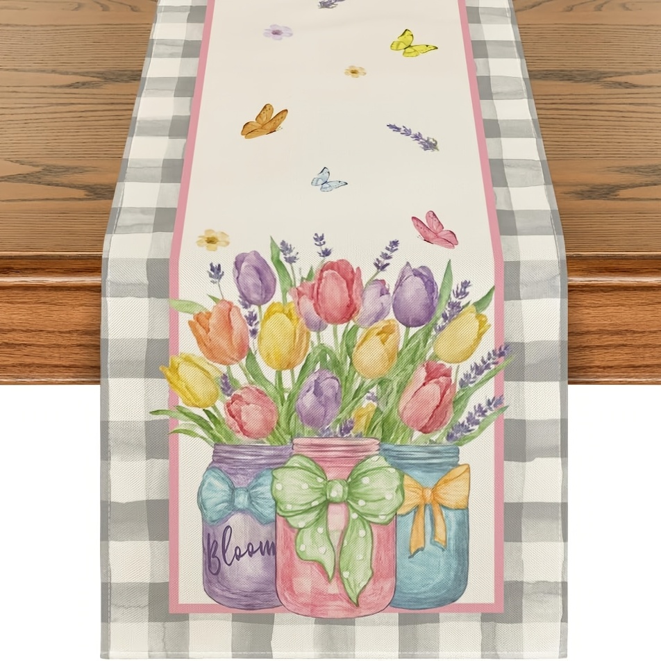 

1pc Spring Floral Linen Table Runner - 100% Woven Linen Rectangular Table Decor With , Lavender Vase Design For Home & Party, Multiple Sizes