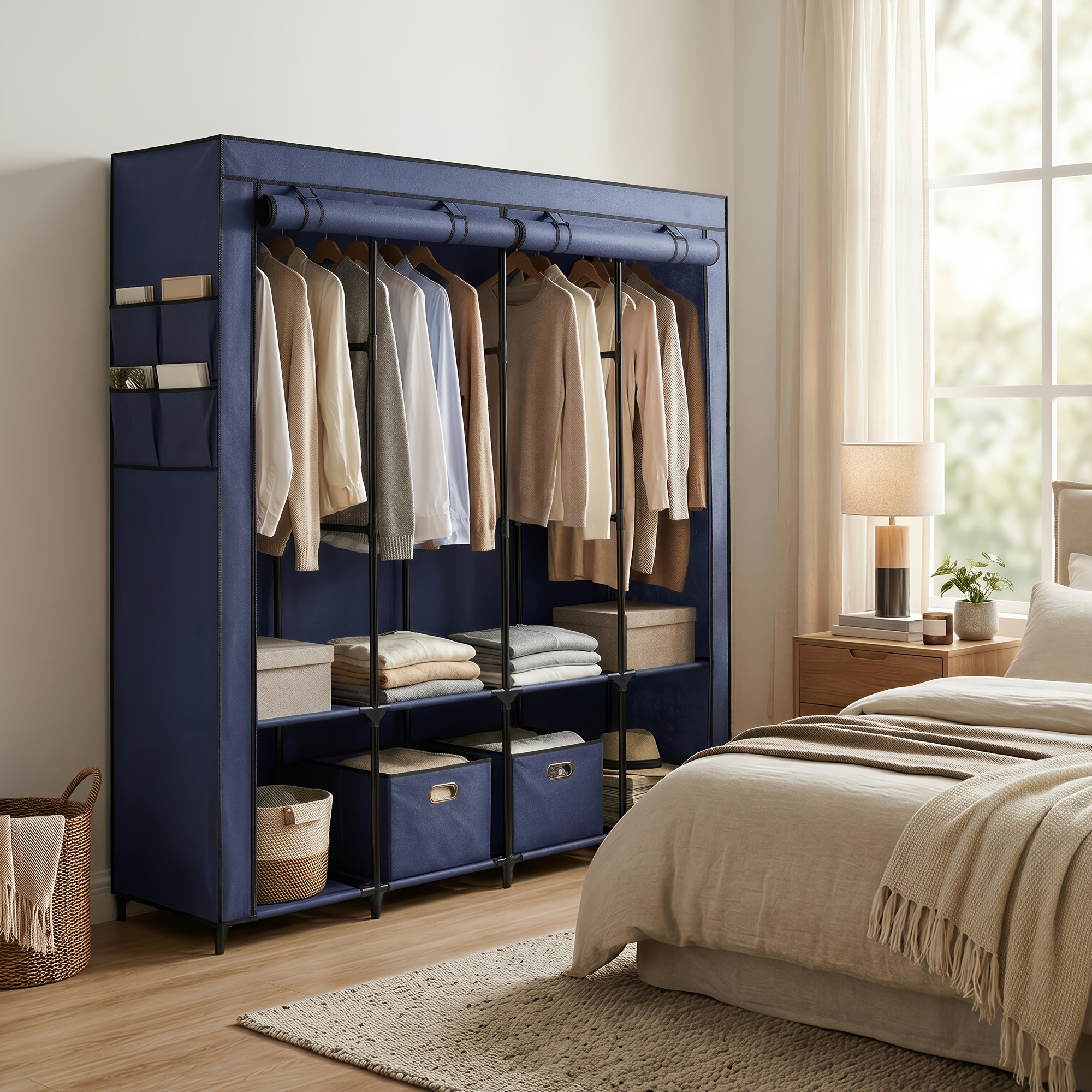 TEMU Armadio Autoportante, Grande Organizzatore Armadio con Ripiani e Copertura, per Soggiorno o Camera da Letto, Grigio, Armadi Portatili