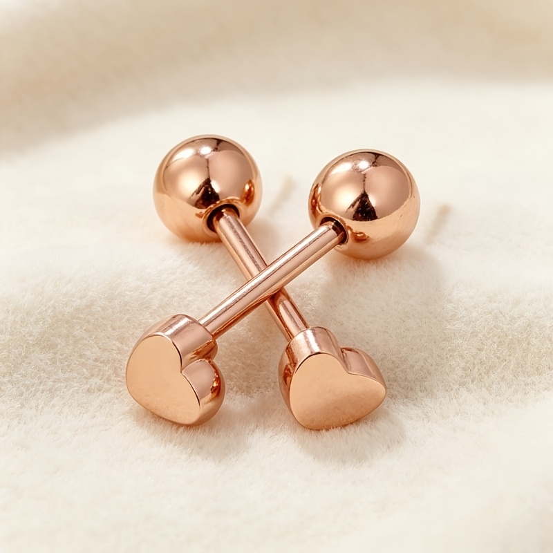 Women's Rose Gold Stainless Steel Heart Threaded Stud Earrings