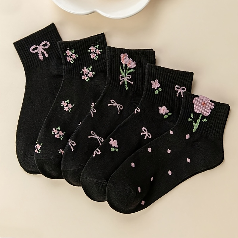 TEMU 5 Pairs Of Women's Cute Short Socks Featuring A Bow And Flower Pattern, Stylish And Comfortable, Moisture-wicking, Suitable For Daily Wear,