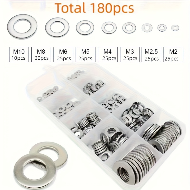 TEMU 80-580pcs 304 Stainless Steel Flat Washers For Screws Bolts, Fender Washers Assortment Set, Assorted Hardware Lock Metal Washers Kit (m2 M2.5 M3