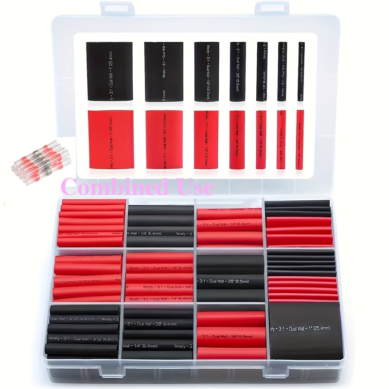 TEMU 200pcs- 330pcs-798pcs-898pcs Black, Red 3:1 Heat Shrink Tubing Kit, Adhesive Lined Marine Resistant Grade Shrink Wrap - 1.75"length 6 For Home
