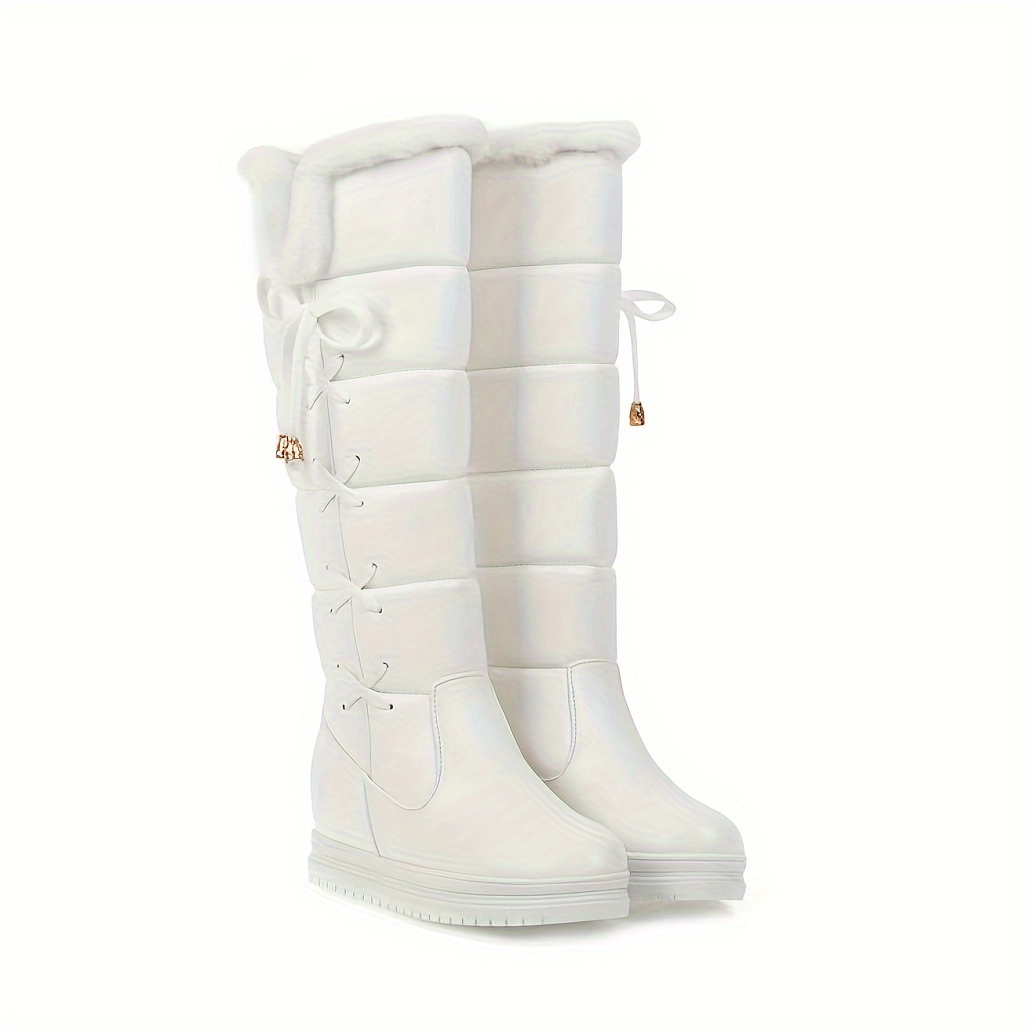 

Women's Winter Warm Knee High Snow Boots, Waterproof Crisscross-tied White Wedges Platform Boots