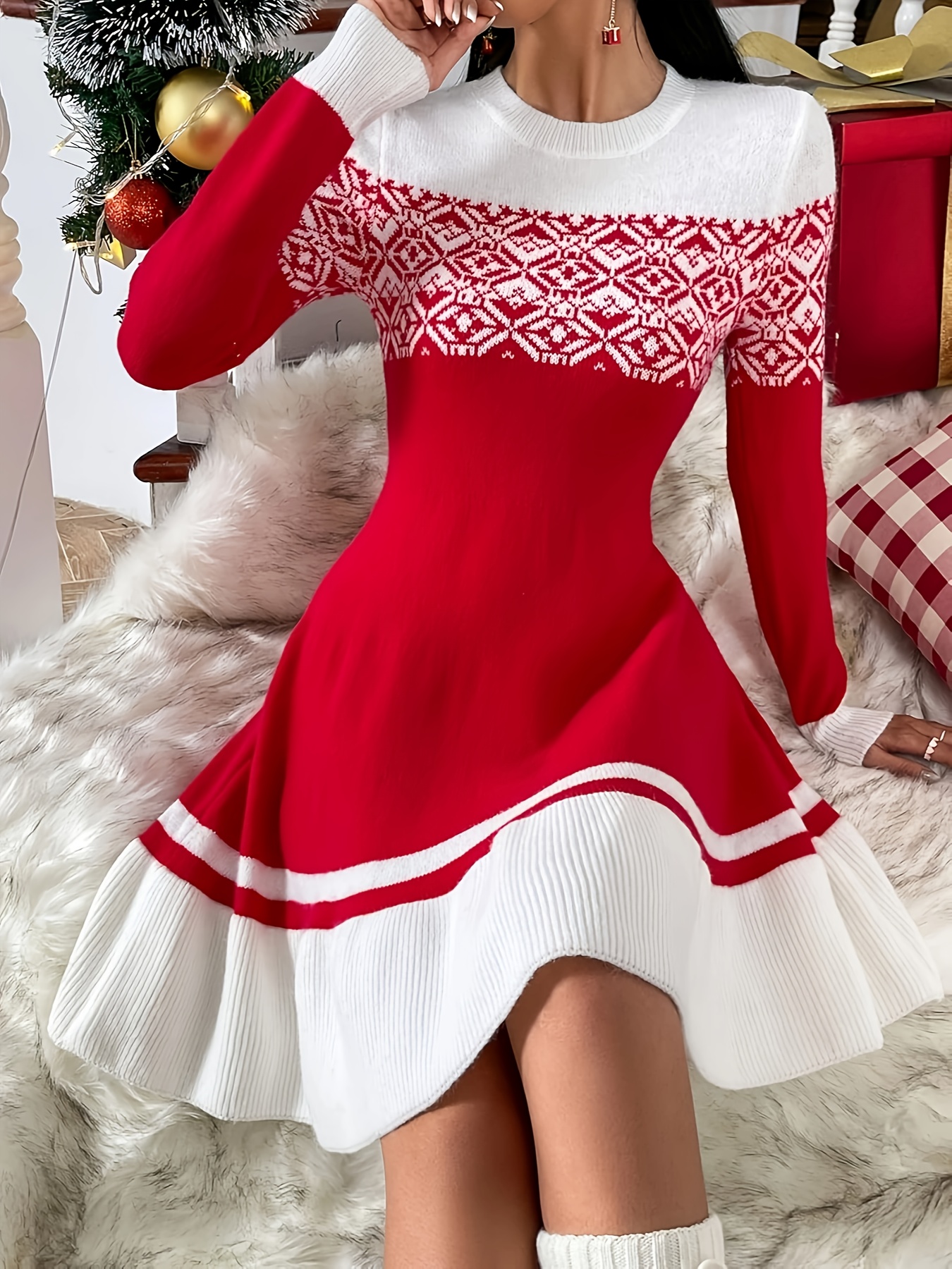 christmas geo pattern flared knitted dress elegant long Temu Ireland