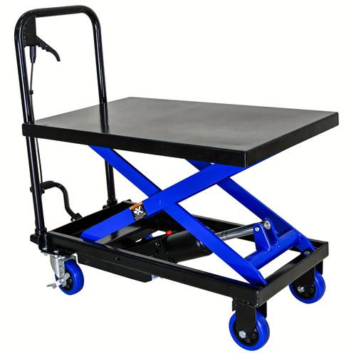 hydraulic lift truck with 500 pound load capacity and 4 wheels for material handling and transportation black blue