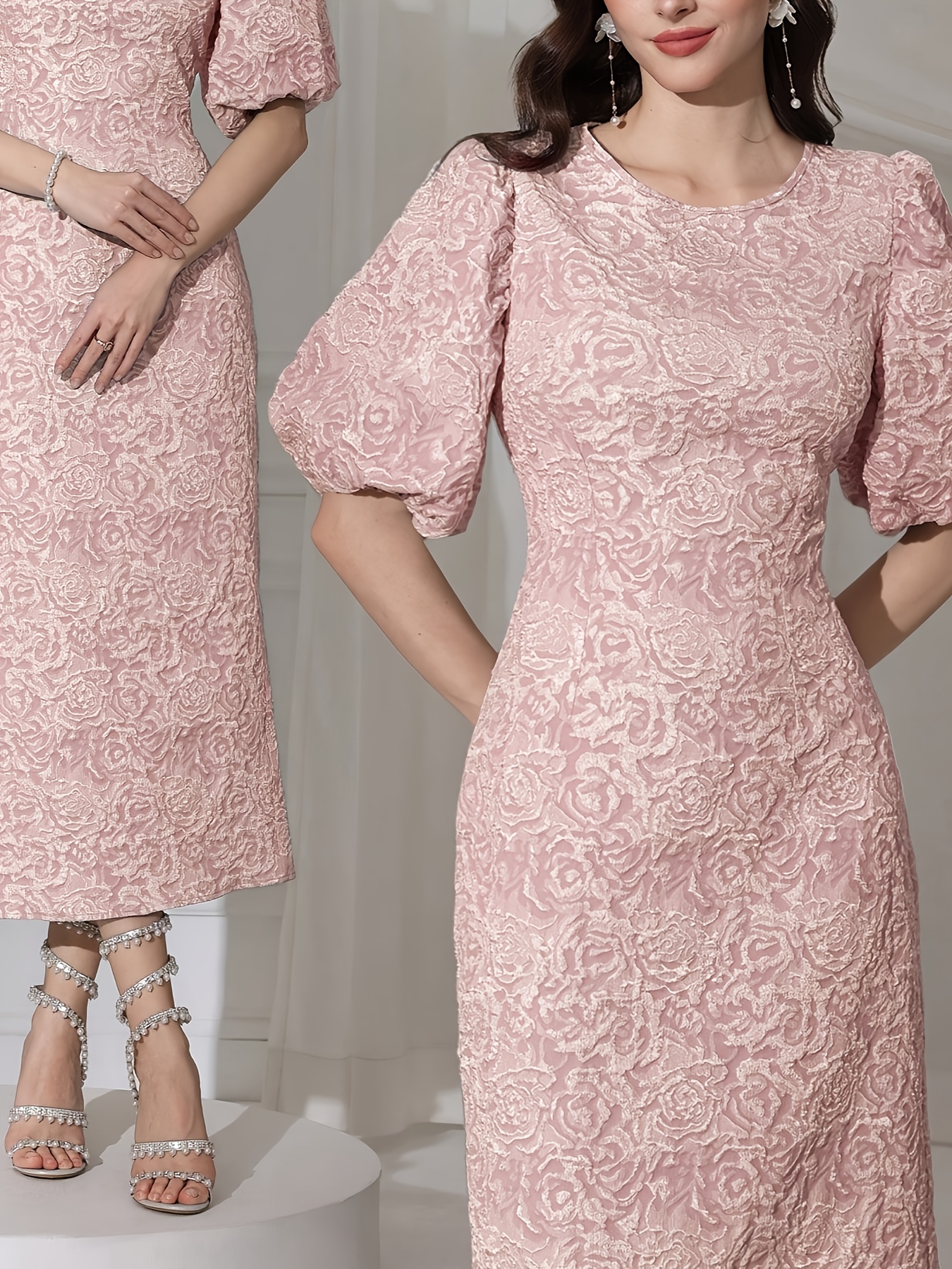 Newness Rosebud Textured Floral Midi Dress Newness Bangladesh Rosebud Textured Floral Midi Dress in blush pink showcasing puff sleeves and ruffled hem