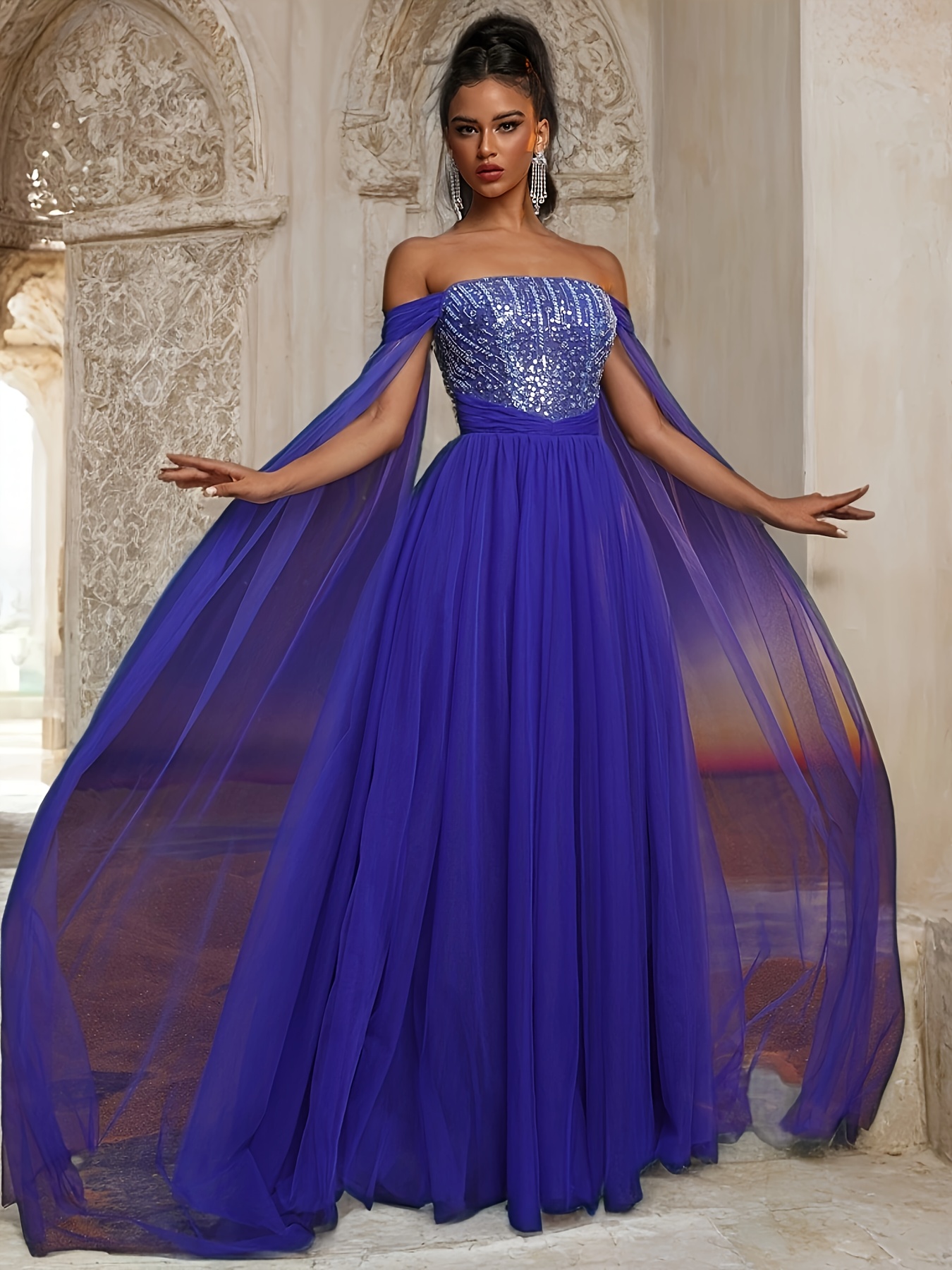 Elegant Off-Shoulder Sequin Mesh Evening Gown for Women Long Drape  Backless Design, Royal Blue, Formal Occasion Dress with Floor-Length Skirt,  Ele