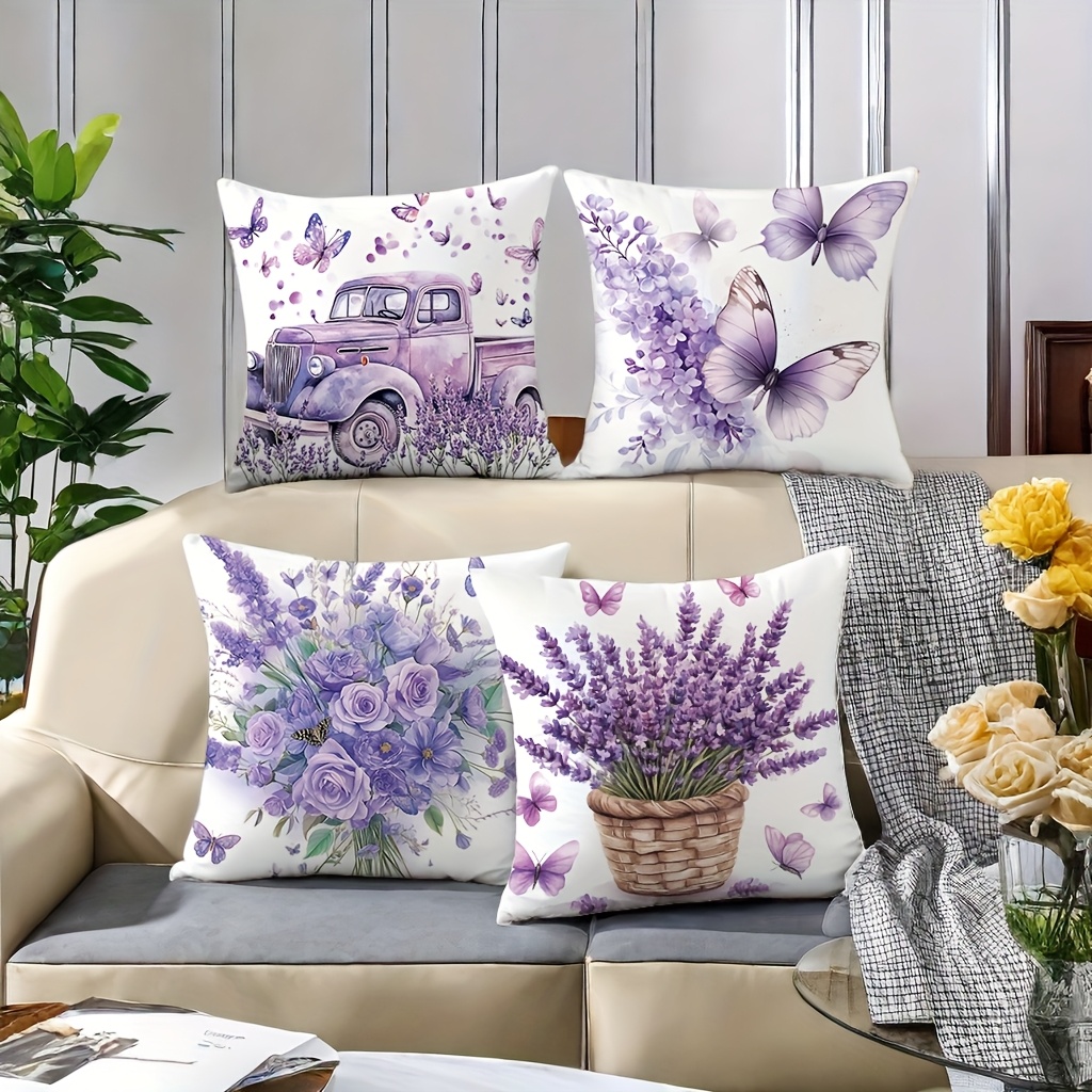 4pcs spring floral vintage car print pillow covers 17 7x17 7 inch soft lavender decorative pillowcases double sided contemporary design with zipper closure machine washable for bedroom living room sofa decor vintage pillow covers bedroom accessories   pattern   fabric Product details 3