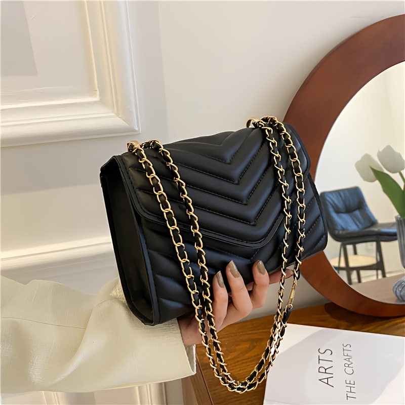 Crossbody Bag Fashionable Women's V-quilted, Easy And Lightweight Solid Color Flap Chain Strap, Suitable For Office, Work, Going Out, Fashionable Textured Handbag