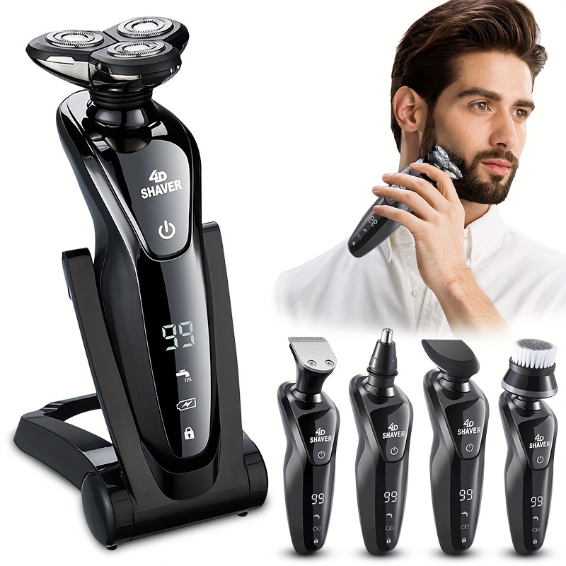 

Rechargeable Waterproof Electric Shaver Razor For Men With Nose And Sideburn Trimmers And Face Cleaning Brush - Achieve A Smooth And