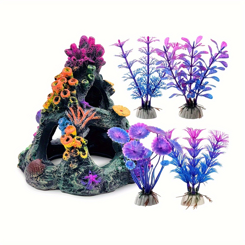 

5pcs/set Aquarium Fish Tank Landscaping Kit, Resin Coral Island Rockery With Simulation Aquatic Plants, Ornamental Set, Multi-colored, For Underwater Decor