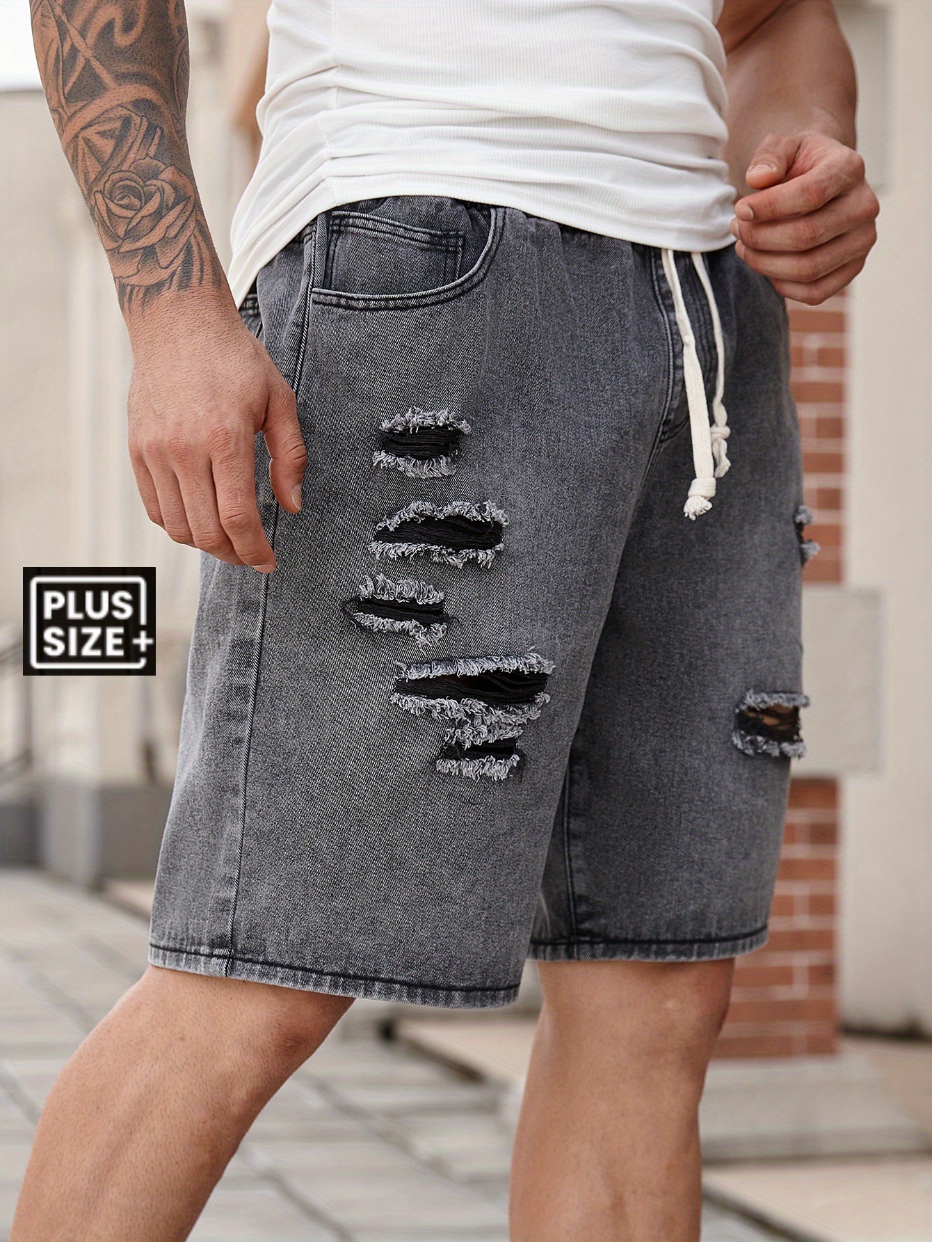 *'s Oversized Distressed Light Blue Shorts Plus Size Big Tall Frayed  Hem Relaxed Fit Vintage Washed Jeans with Drawstring Waist Pocket