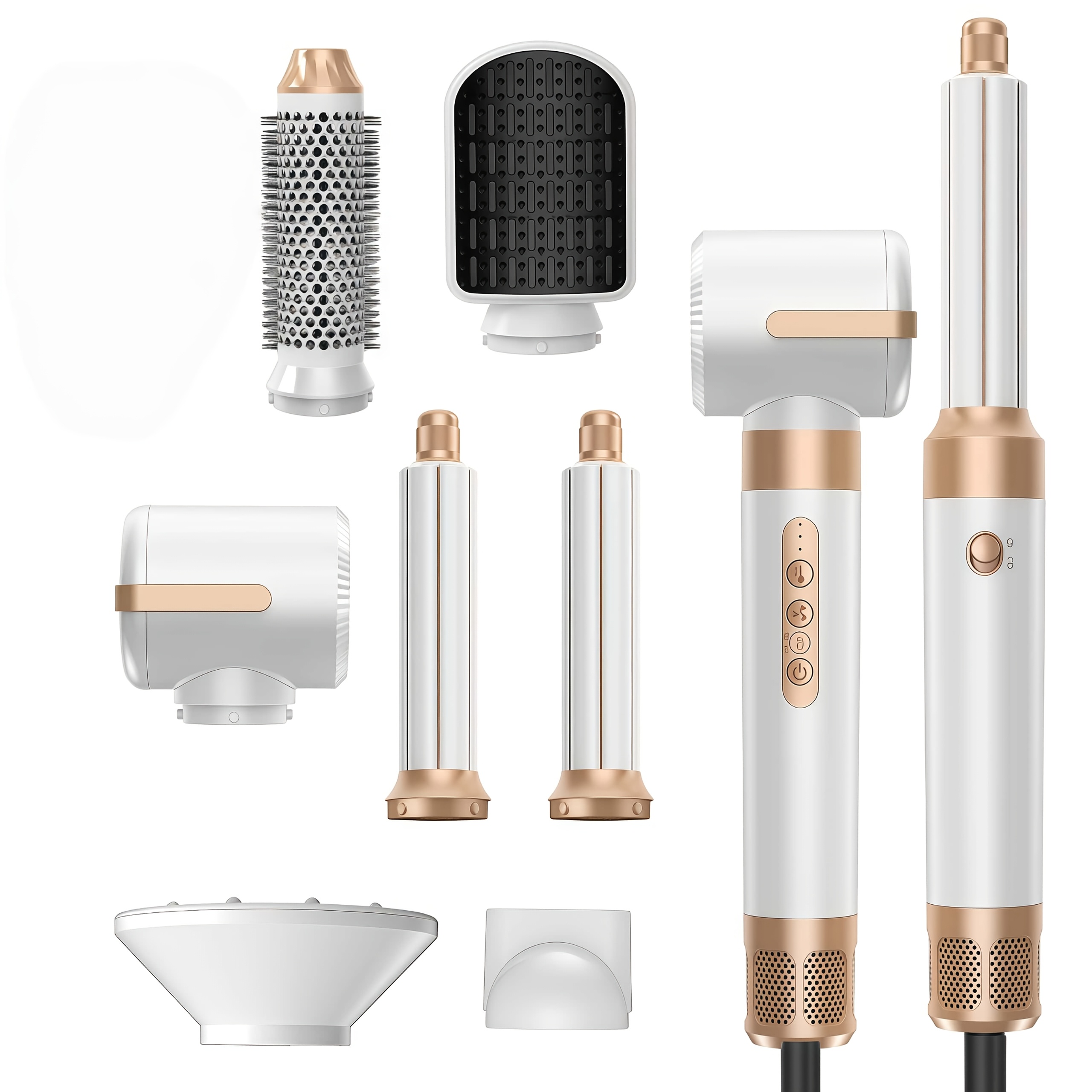Image of 1400w 7-in-1 Hot Air Styler Set, 110, 000 Rpm Hair Dryer Brush With Diffuser And 30mm Curling , 3 Heat Settings For Drying, Curling, Straightening - Gift Ready