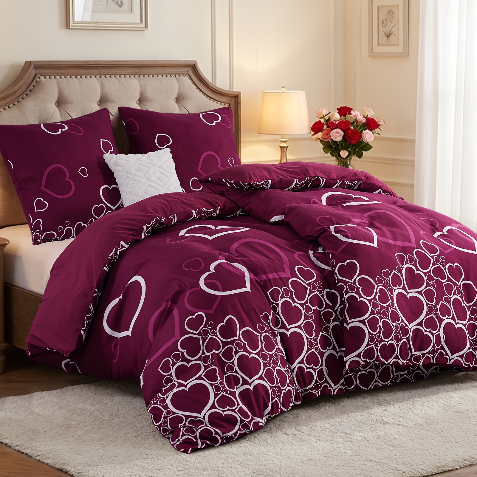 Bed 135x200 4pcs Hearts - Bed Sets, Duvet Cover 135 X 200 2pcs Set With 2 Pillowcases 80x80 Cm, The Fabric Is Soft, Comfortable And Breathable. Bedding Pattern Red Heart With Zipper