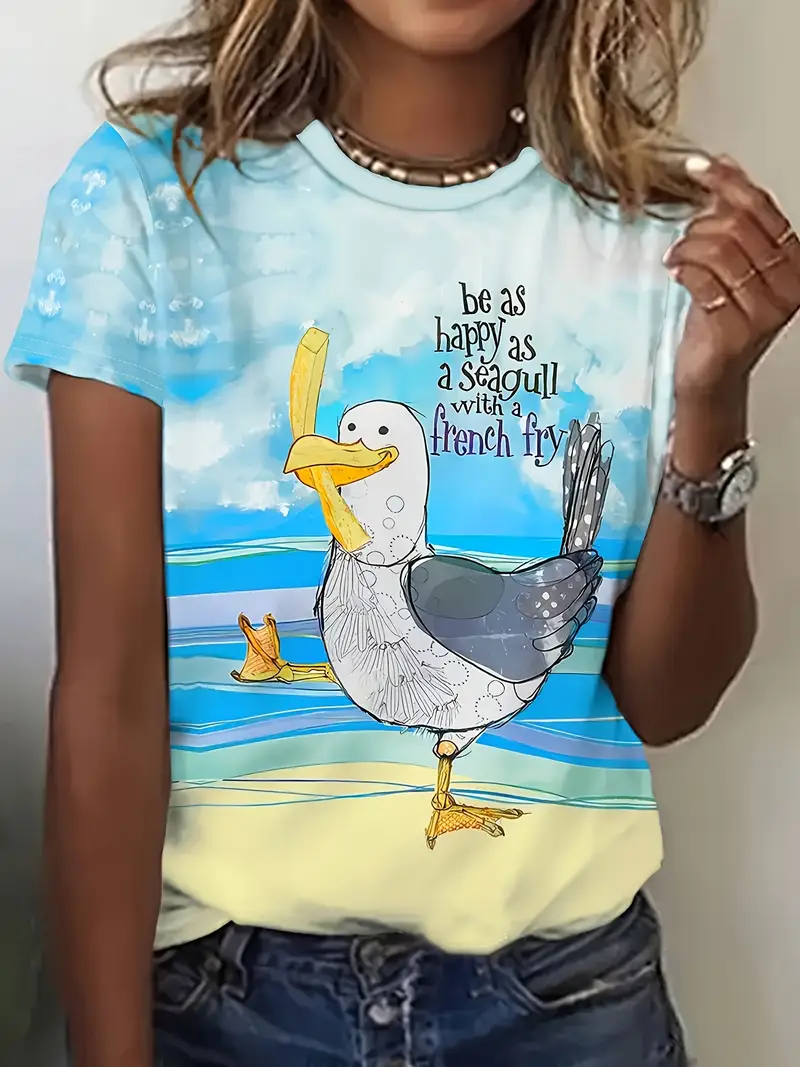 cozy womens elegant casual short sleeve crewneck t shirt duck print with fashion glasses french fry design breathable polyester 3 print machine washable spring t shirt casual attire graphic tee medium stretch fabric Product details 0