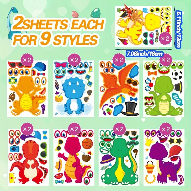 Image of 18 Sheets Of Dinosaur Stickers, Make Your Own Dinosaur Stickers, Make A Face Sticker Dinosaur Birthday Party Supplies, Project Dinosaur Themed Birthday Party