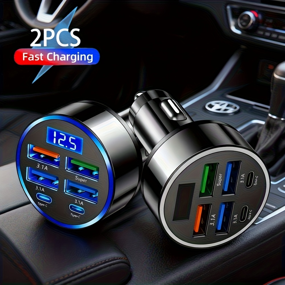 TEMU 2pcs 6-in-1 Ultra- Car - Dual Pd Ports, Led Voltage Monitor, 4 Usb And 2 Type-c Adapters, Compatible With Phone Models, Fast Charging On The Go