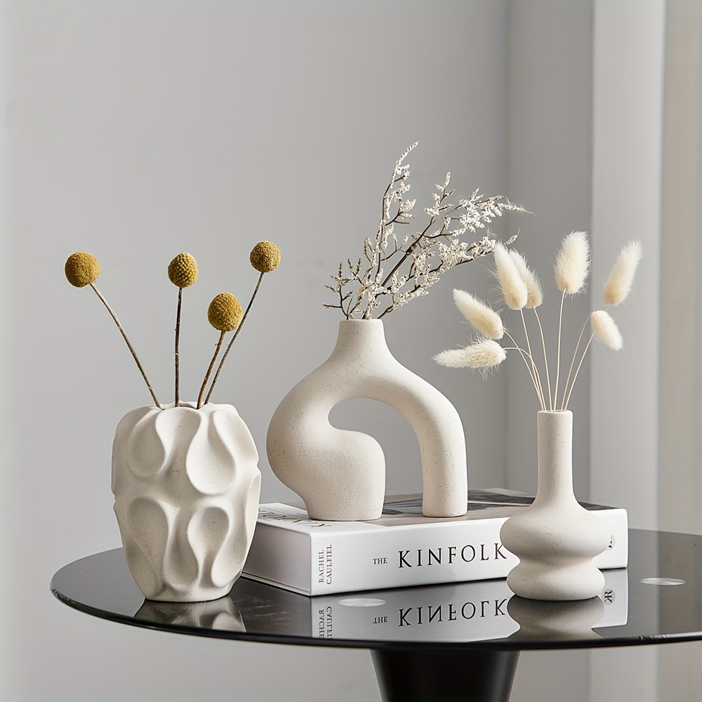 3pcs boho ceramic vase set modern   minimalist round donut shaped geometric pattern ideal for   decor living room entryway coffee table no battery required decorative gift details 9