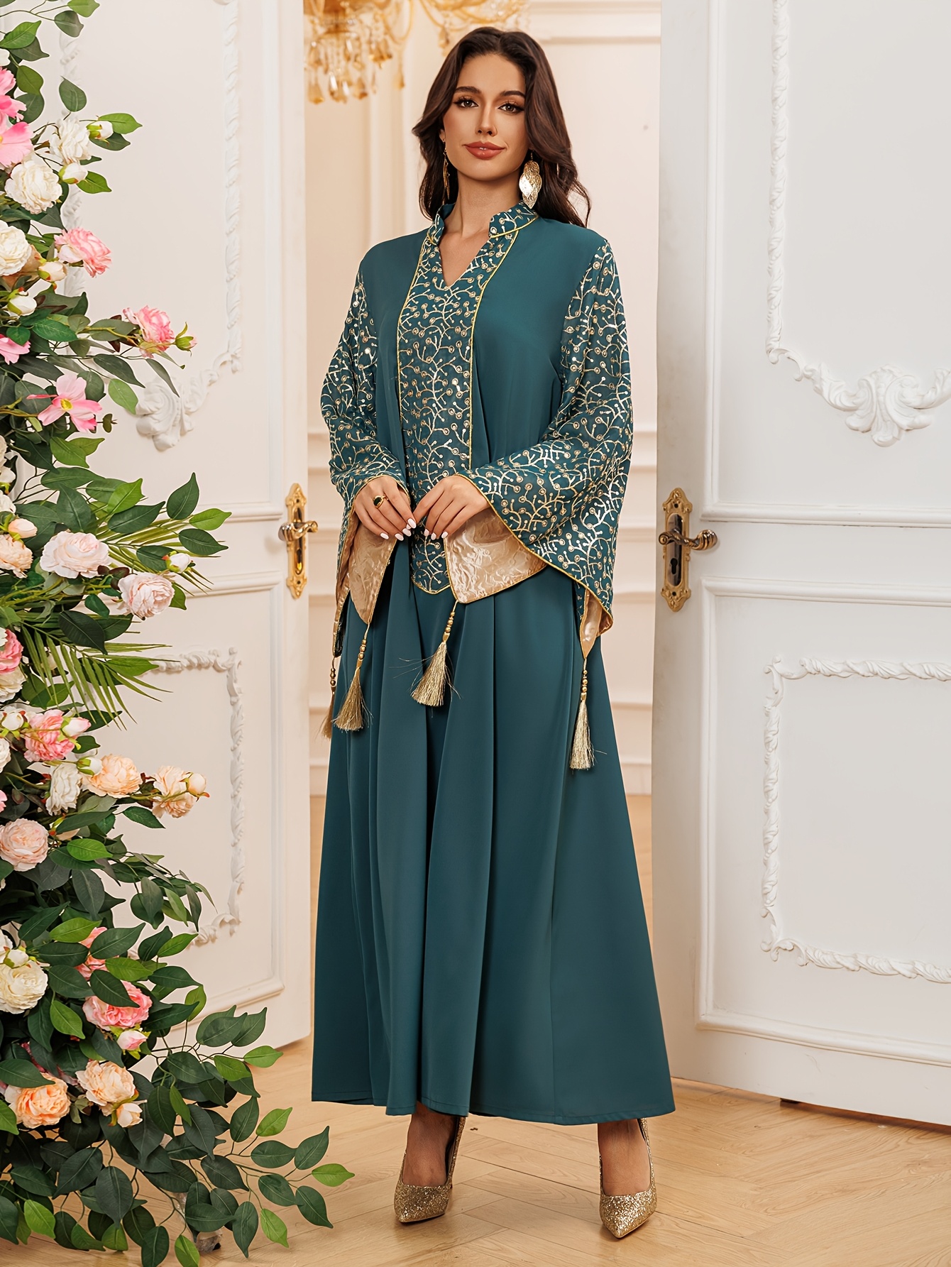 elegant emerald green golden sequin embroidered muslim abaya - Temu United  Arab Emirates