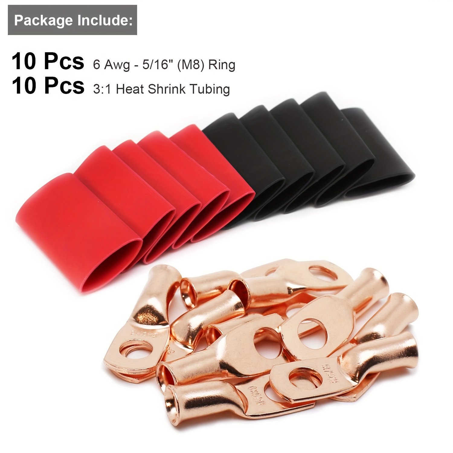 Image of Umlife 10pcs 6 Awg-5/16" Wire Lugs Ring Terminal Connectors+ 10pcs 3:1 Heat Shrink Tubing, Awg-5/16" Ends Heavy Duty For Battery Cable Lug Wire Electrical Eyelets