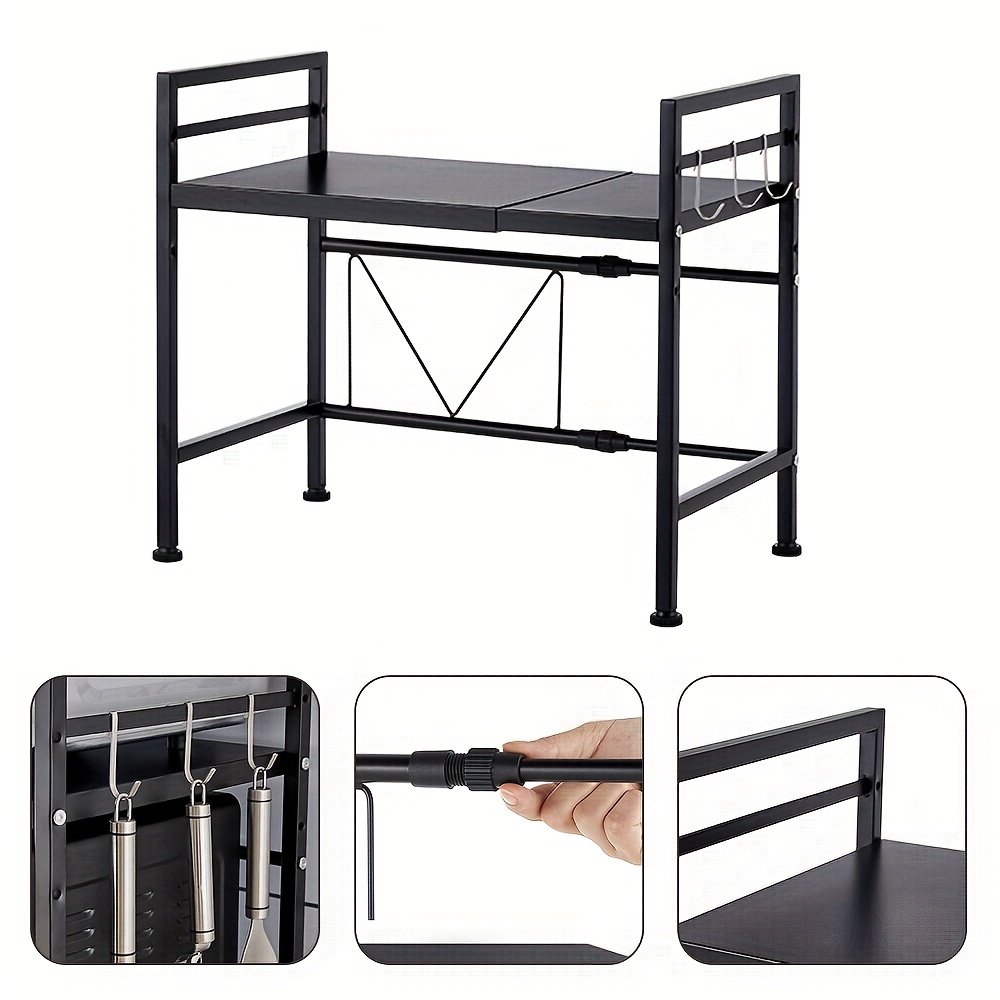 TEMU Adjustable Microwave Oven Rack, 40-64 Cm Wide, Kitchen Countertop Storage Rack, Standing Shelf, With Microwave Hooks, Space- Countertop Shelf,