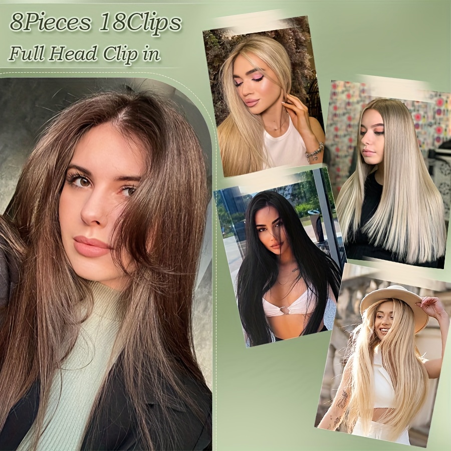 8pcs clip in hair extensions long straight thick synthetic hairpieces 23inch 58cm   double weft natural curly 8pieces set hair piece highlight mix   for women daily party halloween xmas details 0