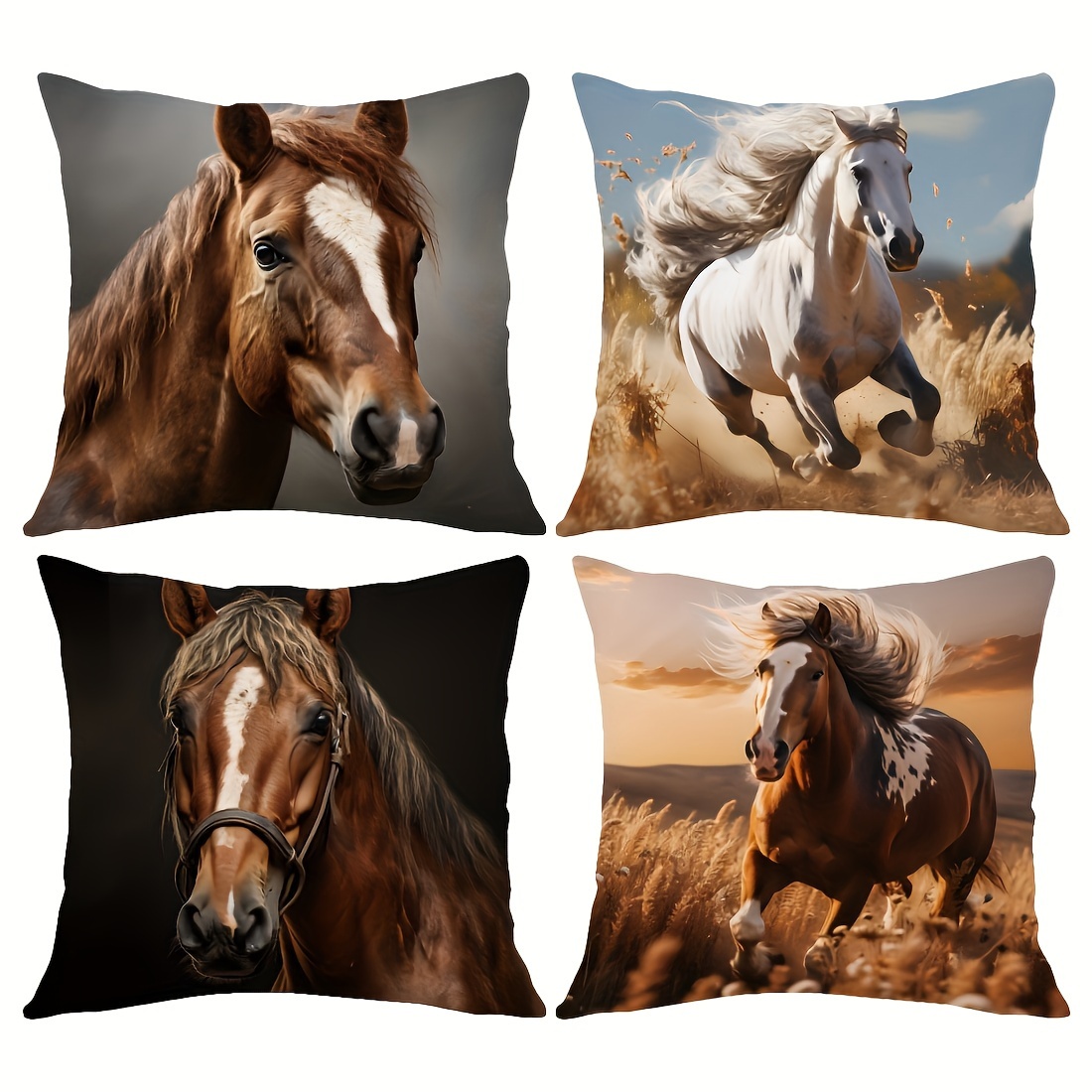 

Contemporary Style Horse Print Throw Pillow Covers 17.7 Inch, Set Of 4, Zipper Closure, Decorative Cushion Covers For Living Room, Bedroom, Office - Machine Washable Polyester Square Pillowcases