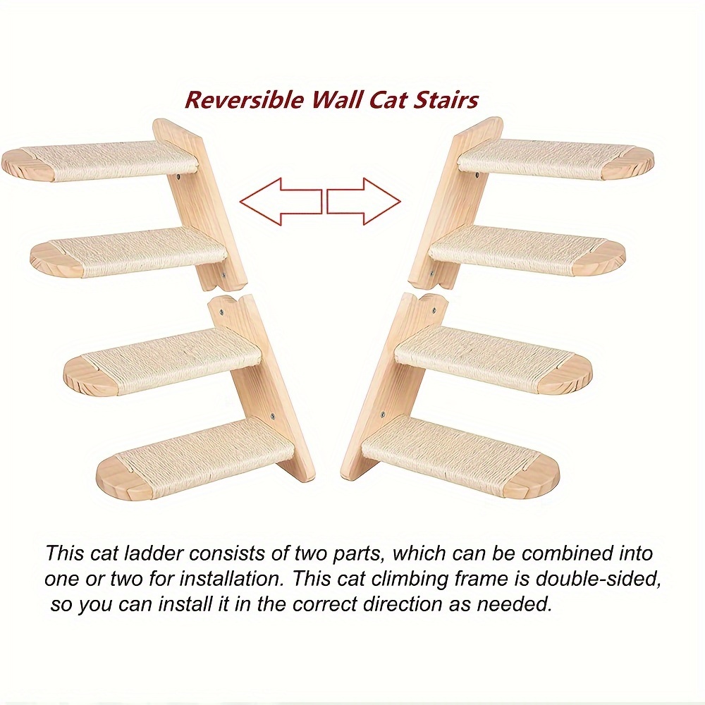 Wall-mounted Cat Ladder With Natural Hemp Wall, Cat Tree 1pc Or Divided Into 2pcs, Reversible Installation Of Cat Tree
