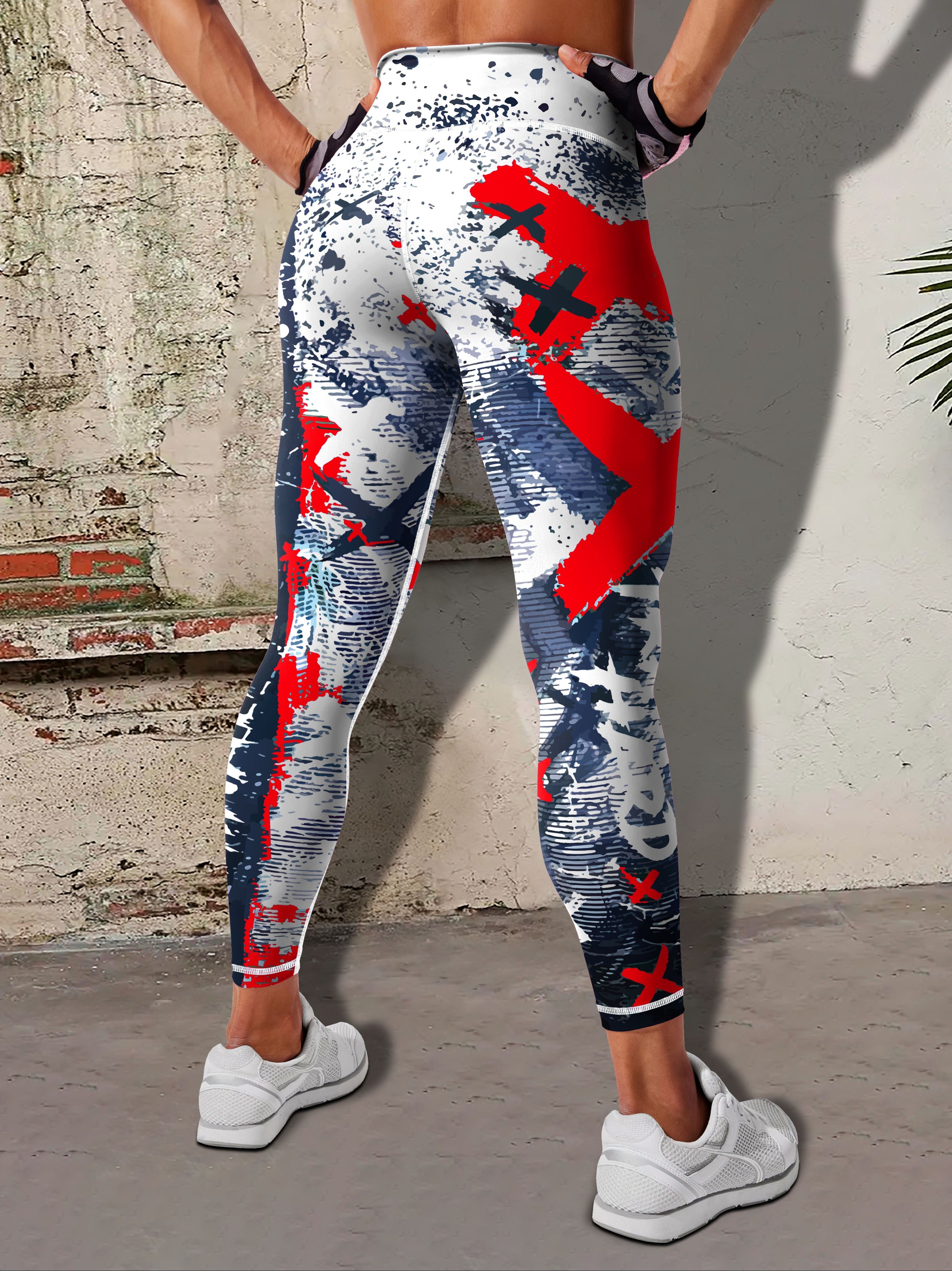 Graffiti Color Block Print Butt Lifting Yoga Pants High - Temu Canada