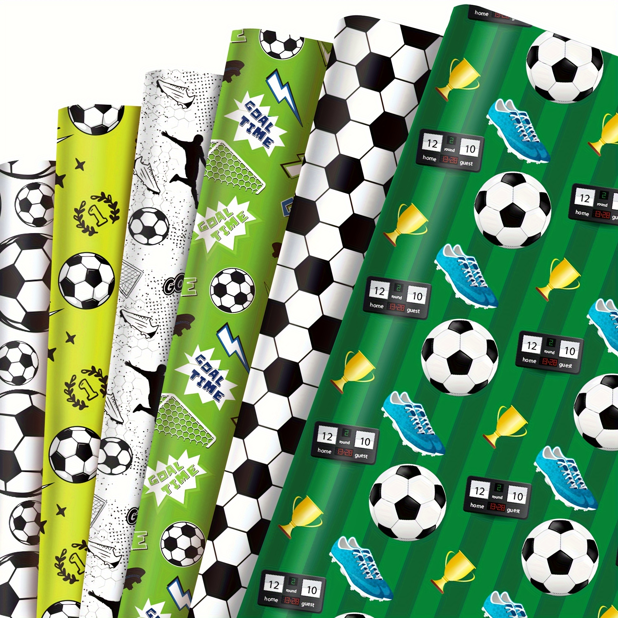 

12 Feuilles de Papier Cadeau Motif Sports - Blanc, Noir, Vert, Vert-Jaune - Idéal pour les Boîtes Cadeaux de Fête - Papier Décoratif pour les Amateurs de Sports