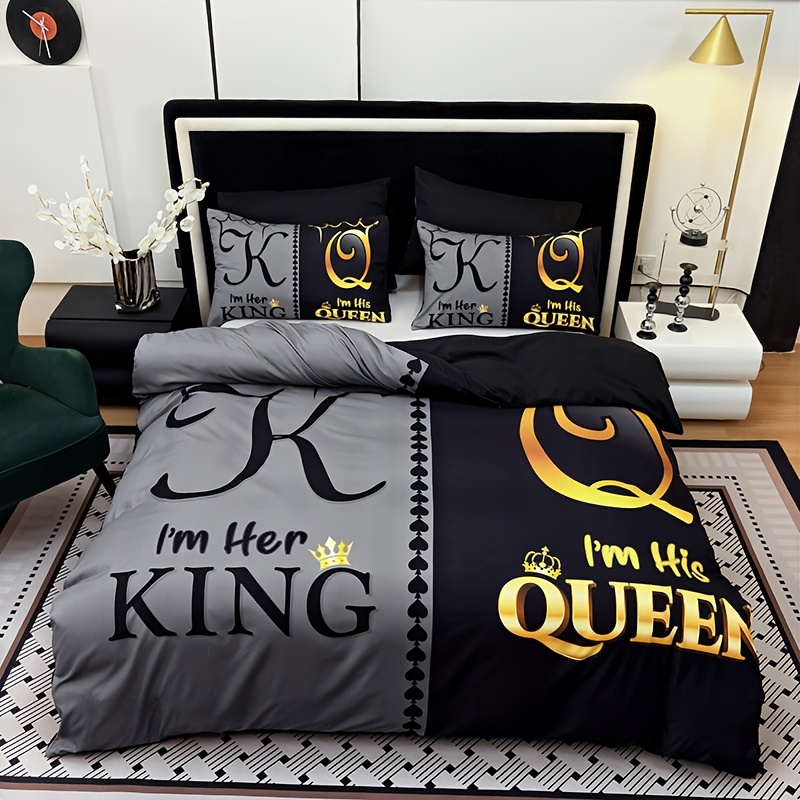 TEMU 3pcs Super Soft Breathable Black Grey Color Blocking Crown Letter Duvet Cover Set (1 Duvet 2 Pillowcases Without Pillow Core), At Home Dormitory High Definition Code Printing Queen King Size