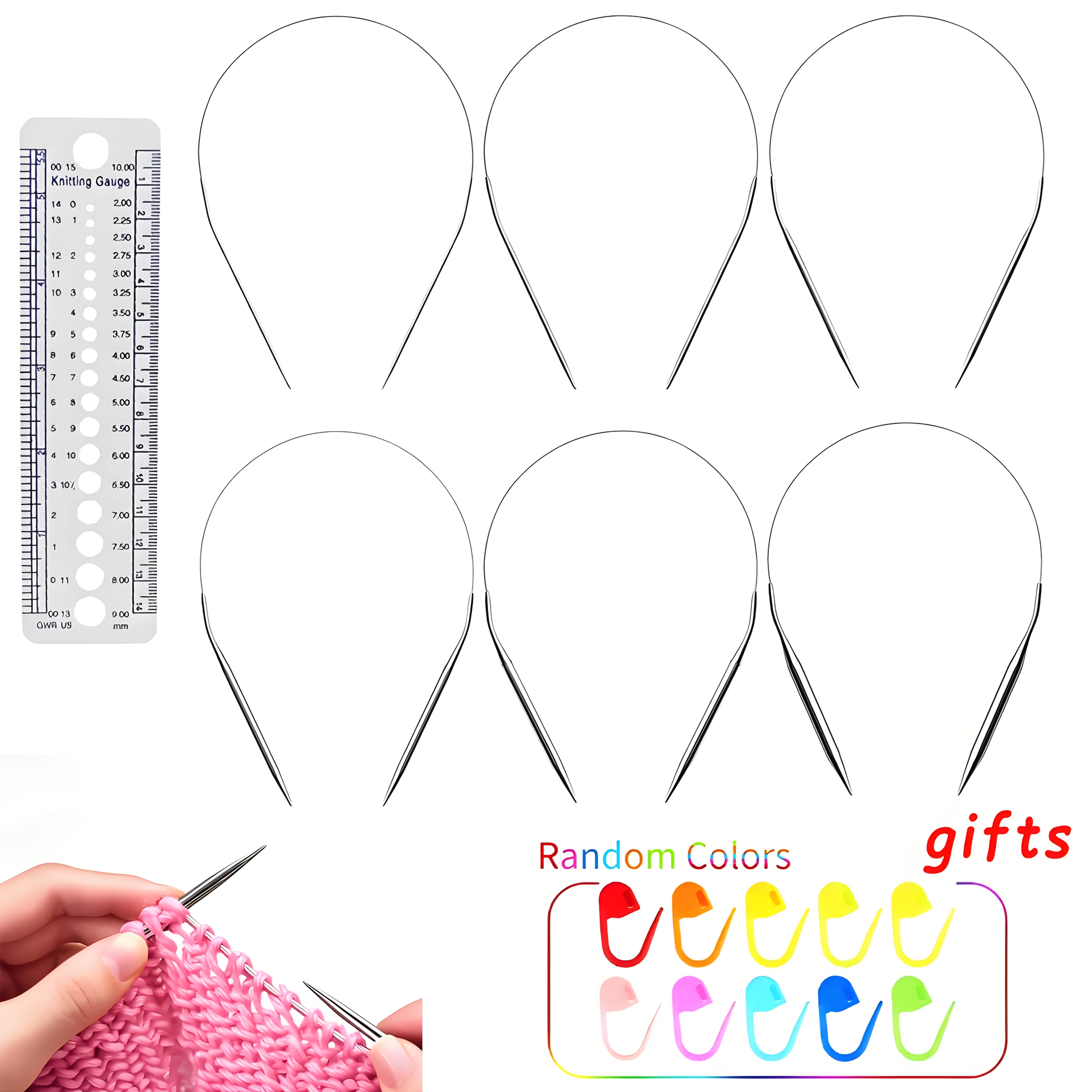 Image of 6pcs Stainless Steel Circular Knitting Yarn Needles 40cm, Size 2.0mm 2.5mm 3.0mm 4.0mm 5.0mm And 6.0mm, 16 Inch Total Length Stainless Circular Knitting Needles Set Weaving Projects Kniting Socks Hats