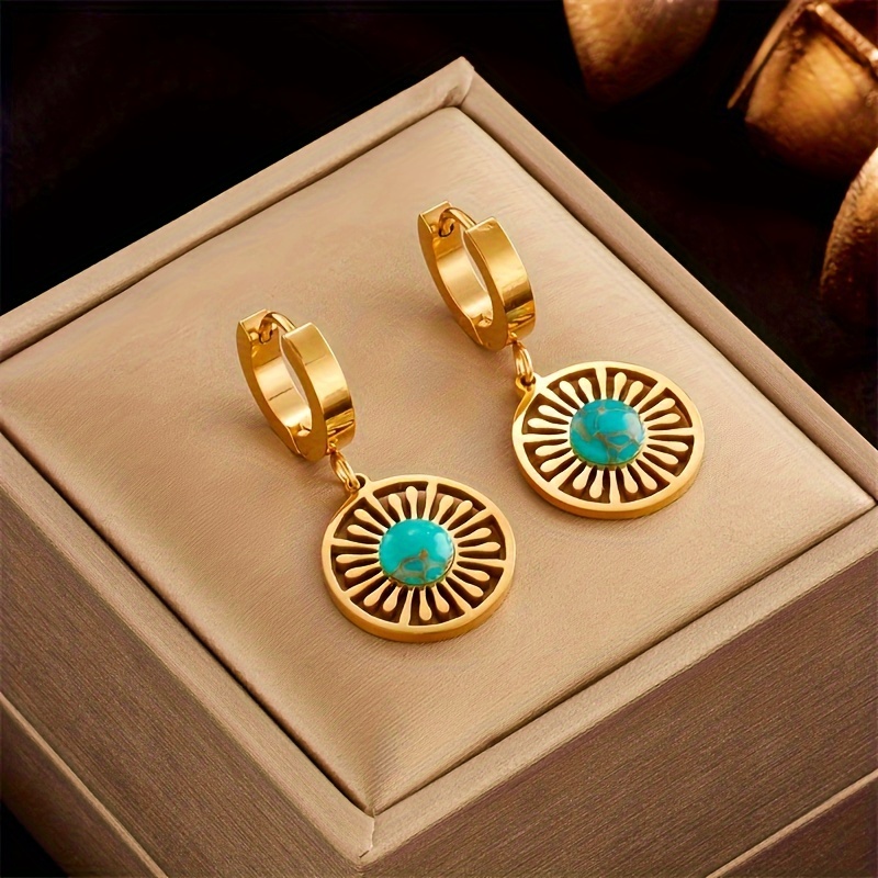 

Vintage Stainless Steel Turquoise Flower Earrings Sun Coin Pendant Earrings Punk Creative Women's Jewelry Gift