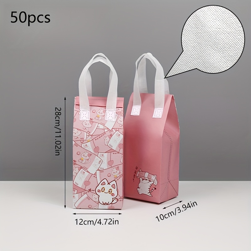 50pcs Cartoon Cat Gift Bags - Pink &amp; White Themed, Thick Insulated Non-Woven Tote Bags with Self-Adhesive Sealing, Durable Handles for Parties, Weddings, and More, Cute Bags