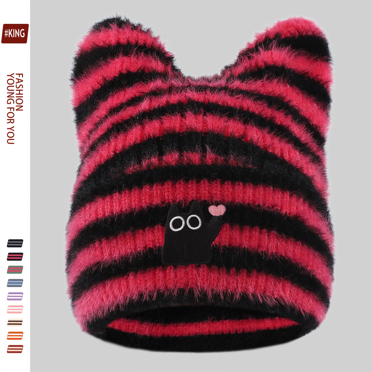 TEMU 1pc Heart- Big- Black Cat Thick Plush Cat Ear Hat, Urban Cartoon , Fluffy Brimless Hat For Men, Women, And Teens, Outdoor Trendy Skateboard Hat,
