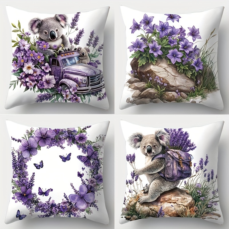 

4pcs Cute Koala & Lavender Truck Design Pillowcases - Soft, Warm Polyester Covers For Sofa And Bed Decor, 17.7" X 17.7", Zip Closure, Machine Washable